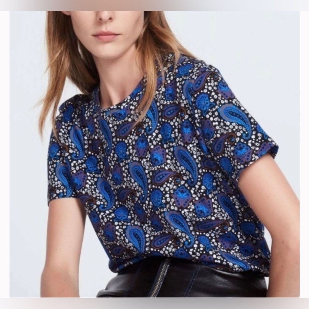 Sandro Paris Paisley Blue T-Shirt Bohemian Boho Size Small Estimated Western